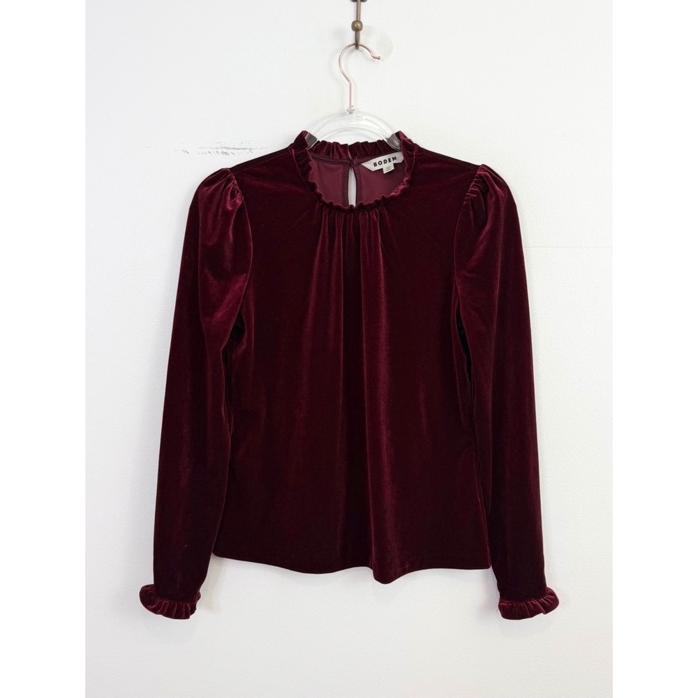 Boden Burgundy Velvet Ruffle Neck Puff Sleeve Top US 6